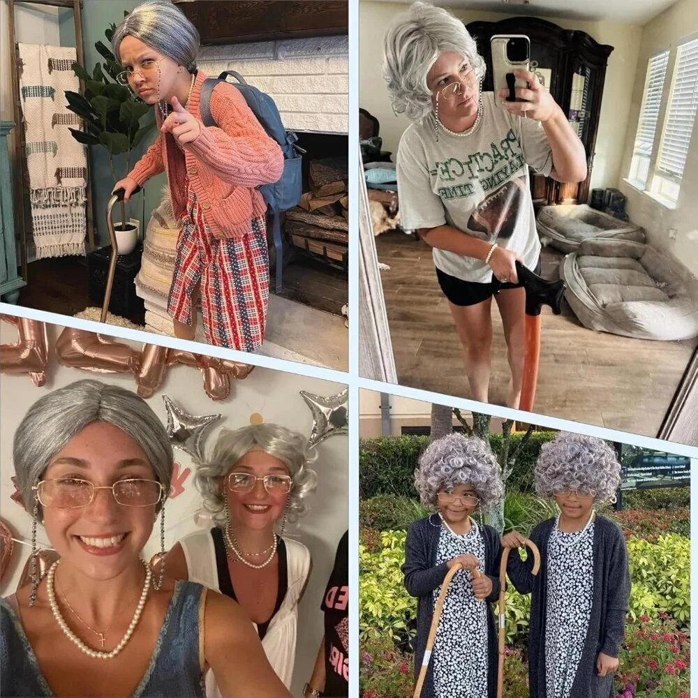 Old Lady Wig Costume Set for Women Gray Hair Granny Cosplay Halloween Party